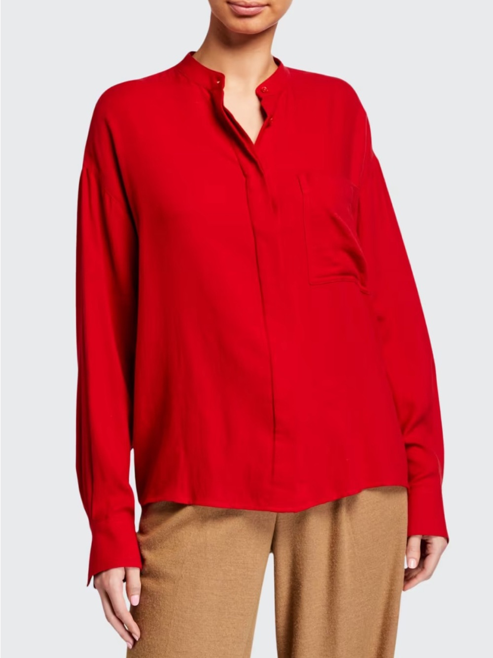 VINCE Band Collar Button-Down Blouse in Red Size Large